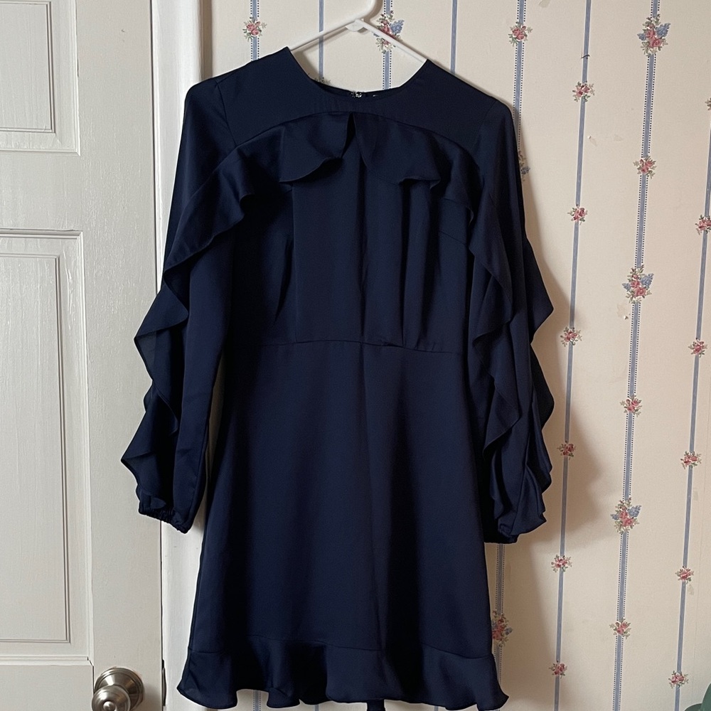 Maison Jules Navy Ruffle Long-Sleeve Women's Dress